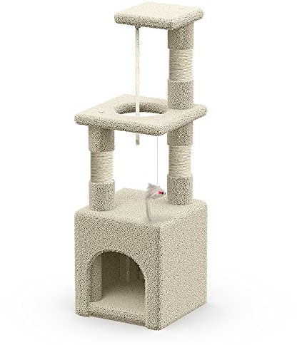VOUNOT Árbol Rascador para Gatos, Poste Rascador Estable con Nido, Plataformas, Cuerda de Sisal y Jueguete para Gatos, 88cm, Beige