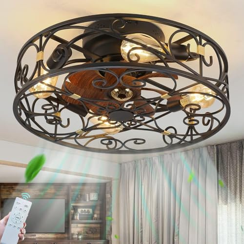 Deckenleuchte mit Ventilator E27 Vintage Deckenventilator mit Beleuchtung und Fernbedienung Leise Schlafzimmer Lampen Retro Eisenkäfig Ventilator Deckenlampe für Wohnzimmer Küche Esszimmer Lüfterlicht