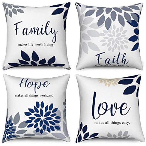 Hnmdmyi Funda de cojín Flores 45x45 Juego de 4, Azul Marino Gris Dalia Flor Familia Fe Esperanza Amor Palabras Fundas de cojín Decorativas Funda de cojín de Lino para Sofá Jardín Exterior Home Decor