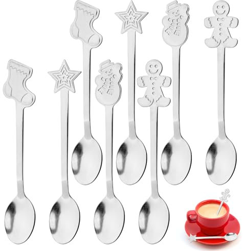Tea Spoons, 8 Pcs Christmas Spoons, Stainless Steel Hot Chocolate Spoon, Christmas Tableware, Christmas Cutlery, Coffee Spoon for Xmas Gifts, Xmas Stocking Fillers Party - Silver
