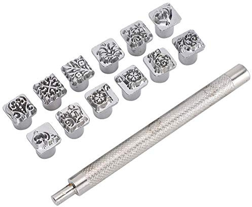 Juego de estampación de piel, 12 piezas, herramienta de punzonado, dinastía Tang, flor DIY vegetal, estampador de piel + 1 mango de metal, estampado de flores para artesanos y trabajadores de cuero