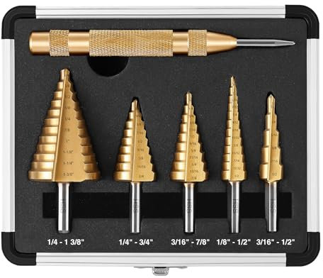 DOVAMAN 5PCS Step Drill Bit Set with 1/4 Hex Shank, 47 Sizes (from 3/16''to 1-3/8'') HSS Titanium-Coated Bits with Center Punch & Aluminium Case, for Metal, Wood, Plastic – STD06A