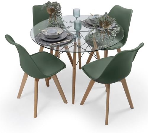 Homely® Conjunto de Comedor Tower-Day 100 |4 sillas de Comedor Nórdicas Day | Mesa Tower de Cristal 100 cm. | Diseño NÓRDICO ESCANDINAVO | Pack de Comedor o Cocina| Color (Verde Oscuro)