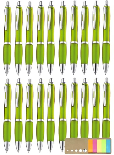 20 Stück ergonomische Kugelschreiber grün Druckkugelschreiber Limette Kuli rutschfeste Griffzone Großraumine Blaue Mine hellgrüne Kulis, mit Haftstreifen