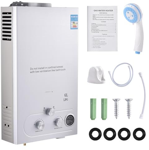GPL 6L Scaldabagno a Gas Propano, Scaldabagno Istantaneo Senza Serbatoio da 12KW con Kit Doccia, Bruciatore per Caldaia per Campeggio, Camper, Casa(Argento)