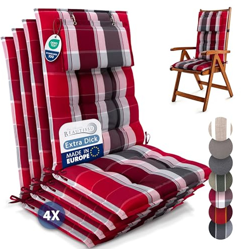 Beautissu 4er Set Premium Hochlehner Auflage Kopfpolster Stoff robust | 120x50cm 8cm dick Rot Anthrazit gestreift robust Polster Befestigungsbänder UV-Lichtechtheit 5 rutschfest Stuhlauflage Sun-HL