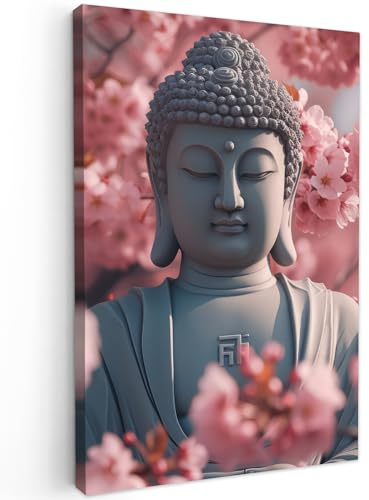 MuchoWow© Bilder Wohnzimmer Deko Modern Wandbild Kunstdruck auf Leinwand | 60x90 cm - Bild Schlafzimmer über Bett Room Decor Geschenke Buddha - Statue - Sakura - Kirschblüte