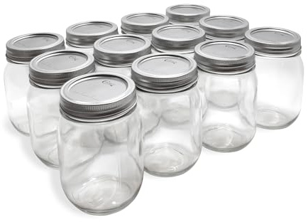 12 Pack Regular Mouth Mason Jars 16 Oz Jar with Airtight Lids Glass Jars with Silver Metal Lid and Band Glass Jars for Jam Honey Sauces Wedding Favors Meal Prep Canning Pickling Food Storage