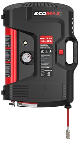ECOMAX Compresseur d'air portable, compresseur mural avec tuyau d'air de 9,1 m, mini réservoir à pression maximale 125 PSI 1,5 Hp, sans huile, longue durée de vie pour atelier, garage et maison