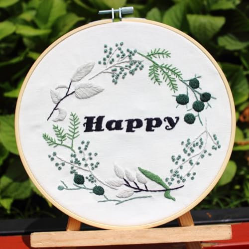 N.LANSHAN Sticken Set Erwachsene Stickmuster Mit Weißen Blumen Und Grünen Pflanzen. 3D-Stickerei-Starter-Kit Mit Anleitung，Stickrahmen，Fäden Und Werkzeugen. 30x30cm