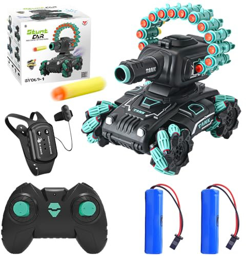 OBEST Ferngesteuertes Auto RC Panzer Stunt Auto, 4WD RC Spray Tank Spielzeug, 360° Drehbares Ferngesteuertes Auto mit Gestensensor für Kinder, Motorisierter Dart Blaster, Nerf Darts Kompatibel(Grün)