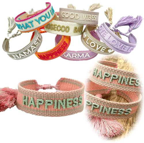 LS-LebenStil Exklusives Statement Armband - das Original 16-20cm Quasten besticktes Boho Canvas Webarmband Damen Freundschaftsarmband Geschenk gewebt textil Stoffarmband