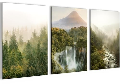 Novart Bilder Set Wald Landschaft - Kein Extra Rahmen benötigt - Wandbilder für Wohnzimmer Schlafzimmer Flur - 3 Teilig Deko Grün - N036636b