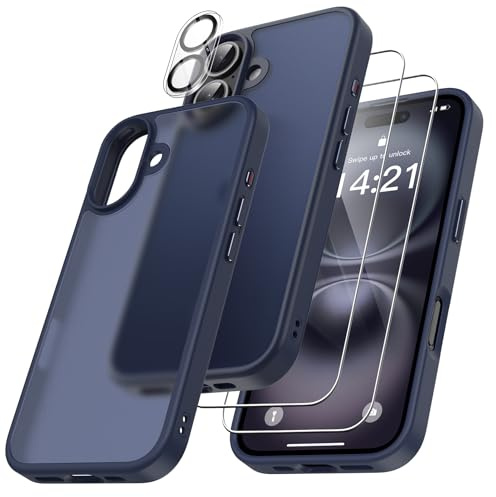 FLLAO 4 en 1 Coque pour iPhone 16 avec 2 Verre Trempé et 1 Caméra Protecteur, [Coussin d'air Intégré] Antichoc Antirayures Bumper Protection Housse pour iPhone 16 6.1, Bleu foncé