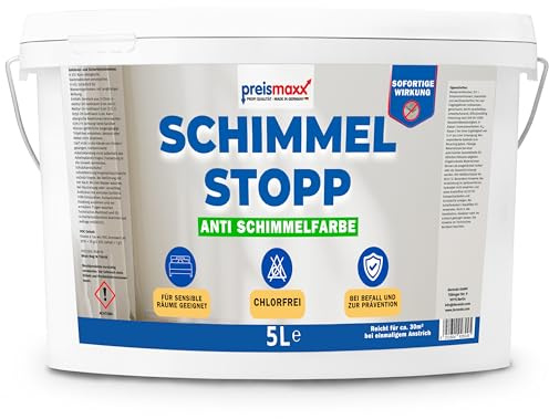 Preismaxx Feuchtraumfarbe weiss für Badezimmer, Küche und Schlafzimmer 5l | Wandfarbe innen, hohe Deckkraft, atmungsaktiv, feuchtigkeitsregulierend, schimmelresistent