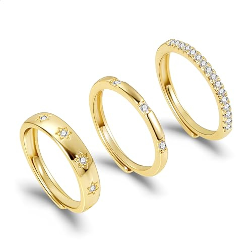 ALEXCRAFT Gold Rings For Women Set 3 Cubic Zirconia Star Adjustable Rings for Women Gold Plated Ring Womens Ring Stacking Adjustable Open Finger Pack Boho
