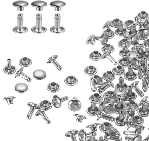 QUARKZMAN 60 Ensembles de Rivets en Cuir à Double Tête, 7X8mm Rivets Ronds Tubulaires Métal pour Fabrication de Cuir Ceinture en Tissu, Rivet à Frapper Réparation Décoration de Sacs, Argenté