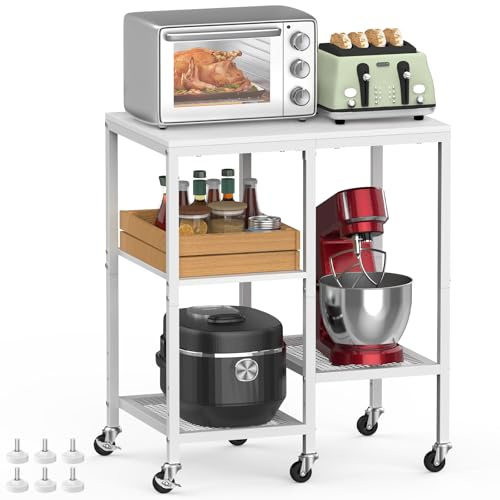 OGEMXU Kitchen Microwave Cart,Microwave Stand with Wheels,Coffee Bar Table Station,4-Tier Rolling Baker's Rack,Small Appliance Storage Shelf,Utility Side Table for Kitchen,Living Room (White)