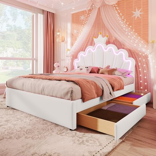 Merax Kinderbett 140x200, Polsterbett für Mädchen Kronen-Doppelbett mit verstellbarem Kopfteil, 16 Farben LED-Streifen, aus PU-Leder Bettrahmen mit Lattenrost und 2 Schubladen (ohne Matratze), Weiß