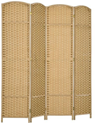 HOMCOM Paravent Interieur en Bois 4 Panneaux 160 x 170 cm séparateur de pièce Pliable avec Finition tissée, closion de séparation pour Salon, Chambre à Coucher, Maison, Bois Naturel