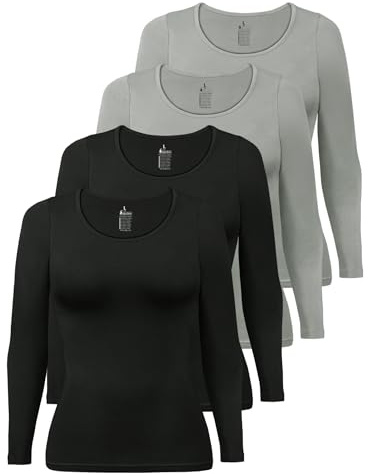 ALPIDEX Women's Long Sleeve Tops 4 Pack Basic Cotton Stretch Shirt Undershirt Round Neck Plain Layer Top, Size:m, Colour:Storm