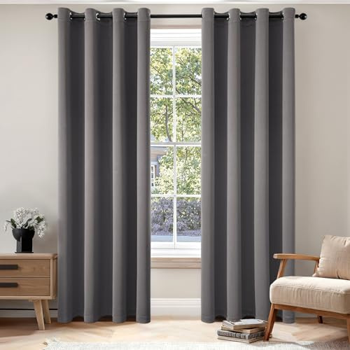 EMEMA Verdunklungsvorhänge mit Ösen 2er 140x175cm Grau Blickdicht Gardinen | Blickdicht Vorhänge mit Ösen 175CM Lang bdunkelnde Thermovorhang für Wohnzimmer Schlafzimmer Ösenvorhänge H175xB140CM