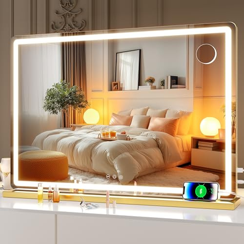 Hasipu Kosmetikspiegel mit Lichtern, 80 x 55cm LED-Schminkspiegel, beleuchteter Schminkspiegel mit dimmbaren 3 Modi, Touchscreen-Steuerung, Kosmetikspiegel