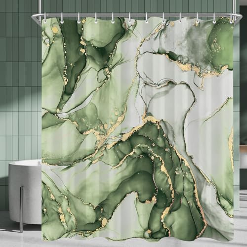 Lerores Duschvorhang 180x200 cm Olivengrün Marmor, Beschwerter Saum Antischimmel, Wasserabweisend, Waschbar Polyester Badevorhänge mit 12 Ösen und Duschvorhangringen für Badezimmer, Badewanne