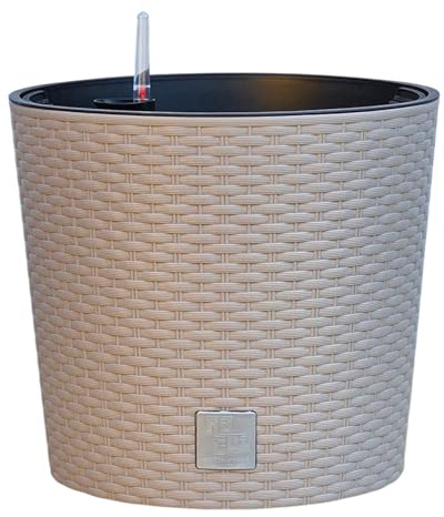HappyFlower Blumentopf rund mit Innentopf – Pflanzkübel aus Kunststoff in Rattan-Optik, für Innen & Außen, Übertopf Verschiedene Größen & Farben erhältlich, (Äußerer ∅ Oben 30 cm, Beige)