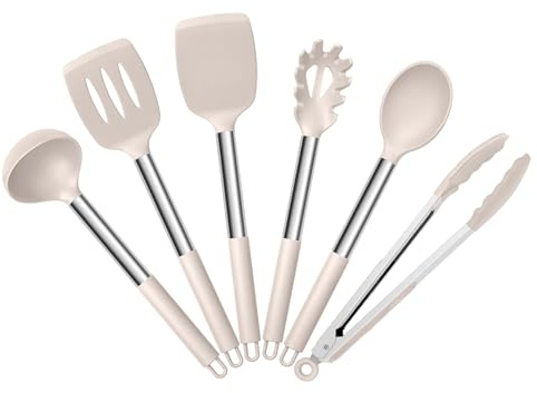 HaWare Kitchen Utensils Set, 6 Pcs Silicone Cooking Utensils Set with Stainless Steel Handle, Non-Stick Cooking Tools Turner Spatula Spoon Tong, Heat Resistant & Non-Scratch, Dishwasher Safe-Khaki