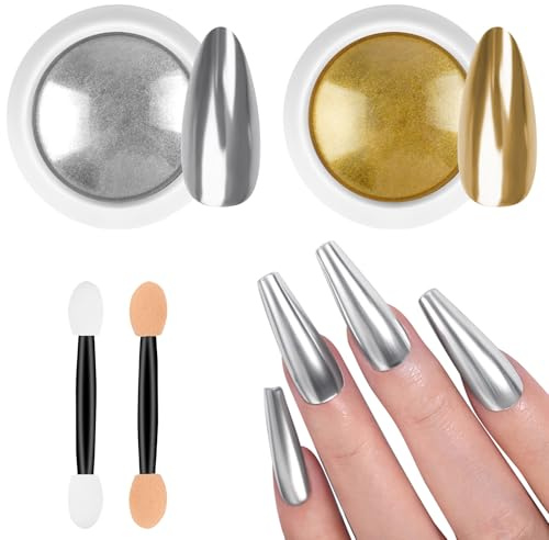BUTBU Chrome Nail Powder, 2 Farben Pigment Für Nägel, Silver Gold chrome | nail powder, Neon Glassy Ice Cromepulver Glitzerpuder, Meerjungfrau Pigment Perle Glitter Staub, für-Nail Art Dekoration