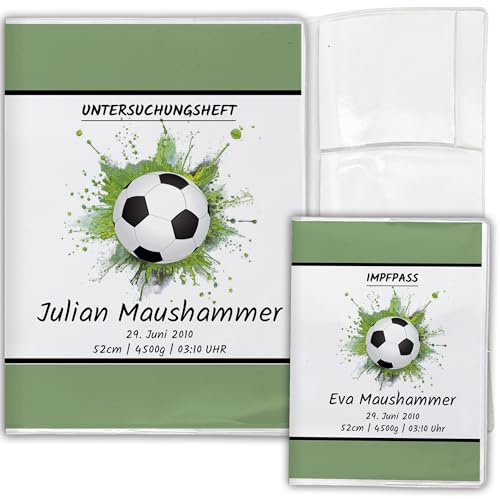 Personalisierte U-Heft Hülle & Impfpasshülle, 3-teilig, Fußball | Set 2-teilig oder 3-teilig, mit Name & Geburtsdaten, Geschenk zur Geburt
