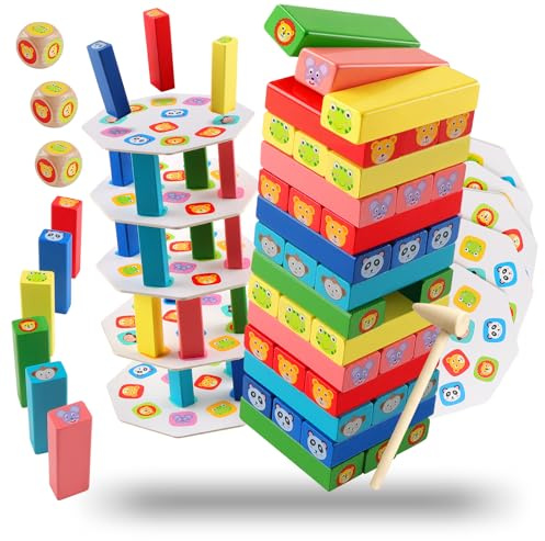 ZXShow Bois 5-en-1 Jeu Tour en Boises d’Équilibre und d’Adresse avec Motifs d’Animaux Cartes Dés Structure Créative en Bois Naturel Design Coloré Durable Idéal pour Relaxation Décoration Cadeau