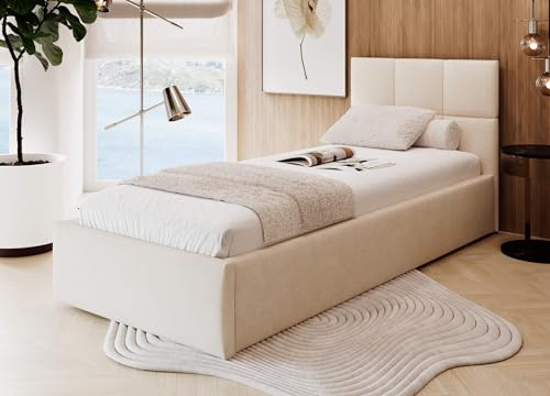 MOEBELPAKET.de Bett Azzurro S07 100x200 cm, Stauraum, Metallrahmen, Beige | Betten, Polsterbett mit OEKO-TEX Zertifikat, EU-Herstellung, Modern Einzelbett