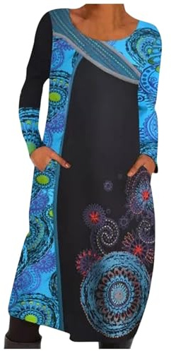 Kobilee Vestiti Donna Invernali Girocollo con Tasche in Stile Etnico Abito Lungo Manica Lunga Caldo Vestiti Donna a Trapezio al Ginocchio Vintage Cerimonia Autunno e Inverno Blu XXL