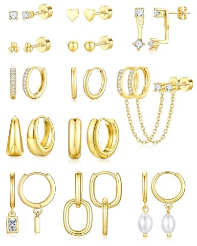 TINGN 13 Paare Flacher Ohrstecker Creolen Set für Damen 14 Karat Vergoldete Hypoallergene Ohrstecker mit Perle und Zirkonia für Empfindliche Ohren Leichte Kleine Ohrringe Schmuckstück