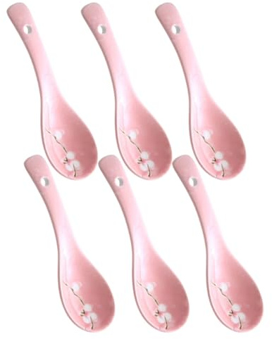DECOMELODY Juego de 6 Cucharas Japonesas de Cerámica para Gachas Pequeñas y Ligeras Color Rosa Diseño de Copos de Nieve Vajilla para Hogar y Picnic