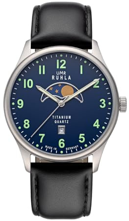 UMR RUHLA Orologio in titanio con fasi lunari – orologio piatto in titanio con movimento al quarzo svizzero – quadrante blu scuro – cinturino in pelle nera – Ø 41,5 mm – Made in Germany