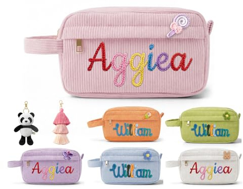 Personalisierte Federmäppchen & Kosmetiktasche für Mädchen mit Namen(Rosa) | Große Tasche aus Cord,Ein stilvolles Aesthetic-Accessoire für Schule und Uni, das Ordnung schafft und Persönlichkeit zeigt.