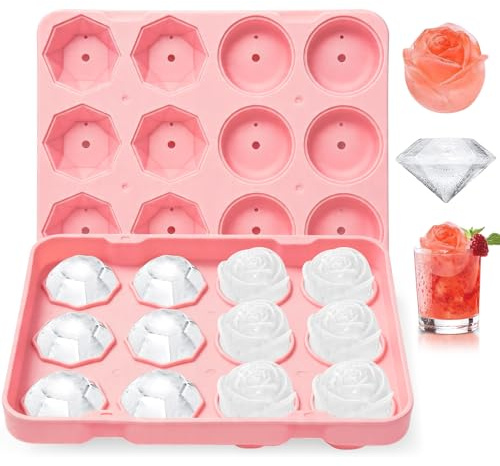 Huahuanghui Molde Silicona Rosa Flor con Tapa, 12 Cubitos Molde 3D en Forma de Rosa & Diamante, Fáciles de Desmoldar para para Whisky, Cóctel, Café