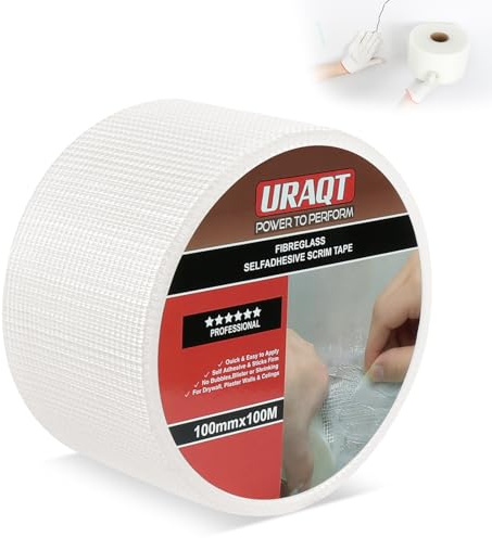 URAQT 100mmx100m Cinta Malla de Fibra de Vidrio Autoadhesiva, Cinta Adhesiva de Fibra de Vidrio, Cinta Juntas Pladur Cinta de Fibra Autoadhesiva Altamente Elástica para Reparar y Sellar Paredes