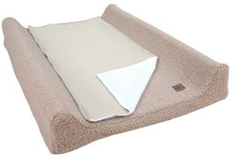 Wiklinopol Wickelauflage 50x70 cm Baby – 3in1 Set mit abnehmbarem Teddy-Plüsch-Bezug (beige) Wickelunterlage abwaschbar mit Umrandung + wasserdichte Frottee-Wickeltischauflage für unterwegs