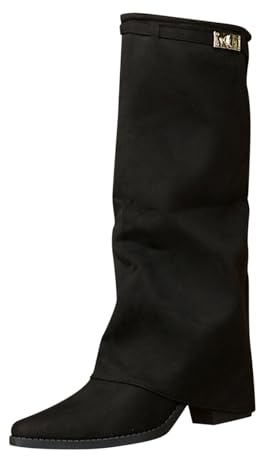 Botas holgadas de gamuza para mujer con hebilla de tacón de bloque hasta la rodilla, Black, 40 EU