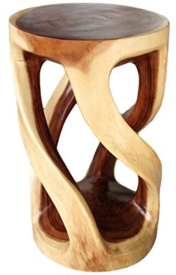 Collumino Asian Oriental Vine Twist 20 inch Wood Stool ~ Round Top Side Table ~ End Table (Honey Wax Brown)