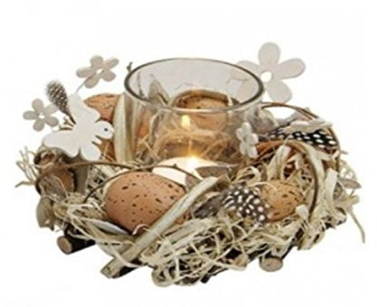 Frühling - Ostergesteck mit Windlicht - aus Holz mit schöner Dekoration Kranz Gesteck - Ø15h10cm (Braun)