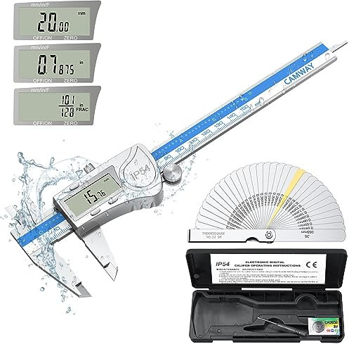 CAMWAY Digital Caliper Waterproof, 150 mm/6 Inch Digital Vernier Caliper with Feeler Gauge, Stainless Steel Electronic Vernier Calipers Fractions/Inch/Metric Measuring Tool