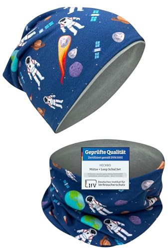 HECKBO Set berretto Beanie e scaldacollo Astronauta – berretto reversibile per bambini 2-8 anni – 95% cotone – berretto invernale bambini (48–54 cm)