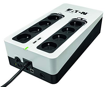 Eaton Onduleur Parafoudre 3S 700 FR - Off-line UPS - Alimentation Sans Interruption - Puissance 700VA (8 prises FR, Silencieux, 2 ports de charge USB Type-A) - Interface USB - Noir&Blanc