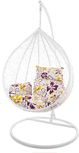 KIDEO Komplettset: großer Hängesessel mit Gestell & Kissen, Korbsessel, Poly-Rattan (Korb & Gestell: weiß, Kissen: Blumenmuster Nest (1085_Flower_Love))