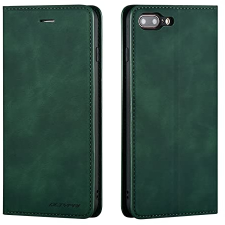 QLTYPRI Hülle für iPhone 7 Plus 8 Plus, Premium Dünne Ledertasche Handyhülle mit Kartenfach Ständer Flip Schutzhülle Kompatibel mit iPhone 7 Plus 8 Plus - Grün | Retro PU Leder Klapphülle, Handyhülle mit 3 Kartenfächer, Standfunktion, Weicher Dünne TPU-Rahmen, Stoßfeste Flip Wallet Case